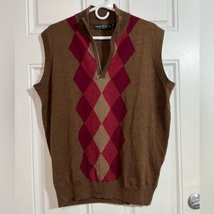 Carnoustie Men’s Merino Wool Argyle Sweater Vest Brown Zip Mock Neck L